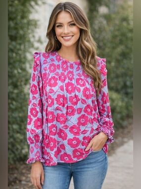 Charter Club Smocked Long Sleeve Floral Top Sz M Pink Purple Full Bloom Coquette